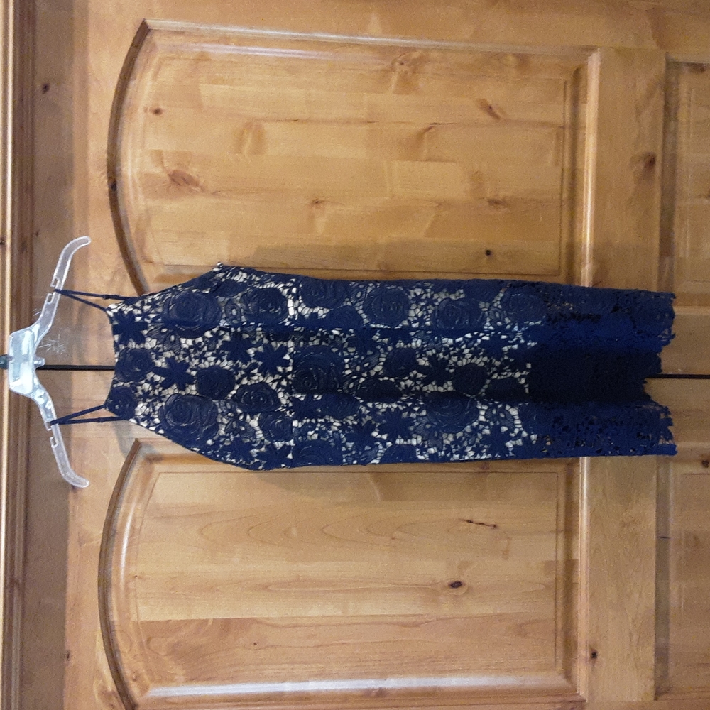 Romeo & Juliet Couture | Navy Blue and Tan Lace Dress